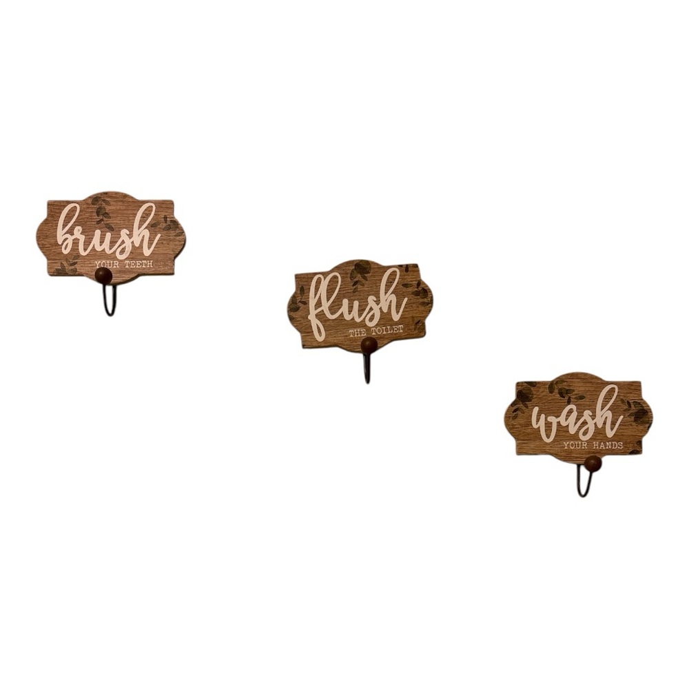 Rustic Wooden Bathroom Hooks Set - 3 piece